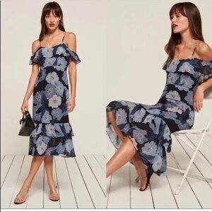 Reformation Odessa Dress Size 2 blue floral cold shoulder off the shoulder